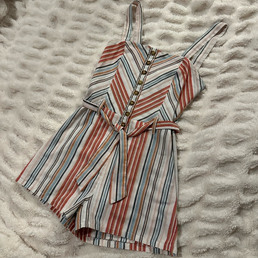 Tilly's Striped Button-Front Romper in Rust, Blue & White